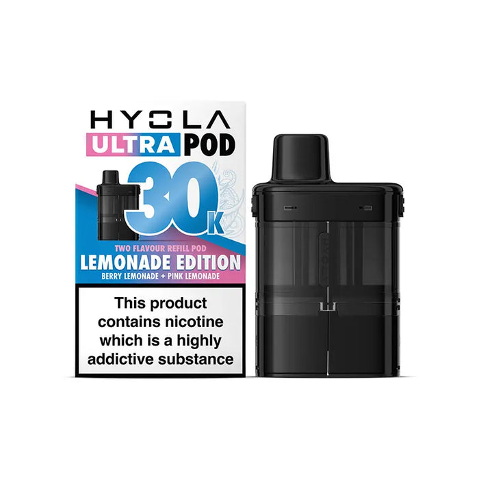 Hyvla Ultra Pod vaping device with packaging on a white background Lemonade Edition