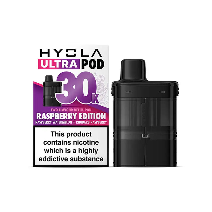 Hyvla Ultra Pod vaping device with packaging on a white background Raspberry Edition
