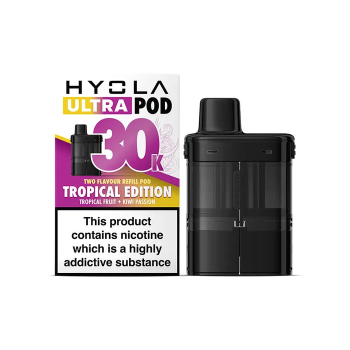 Hyvla Ultra Pod vaping device and packaging on a white background Tropical Edition