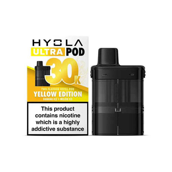 Hyola Ultra Pod vaping device and packaging on a white background yellow edition 