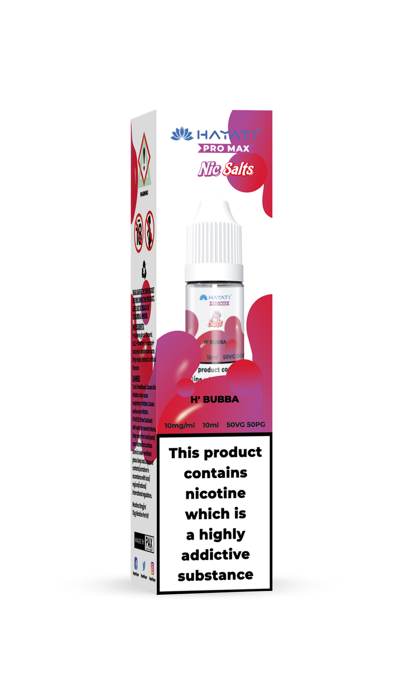 Hayati Vape juice packaging with brand logo and product details on a white background H'Bubba 10mg