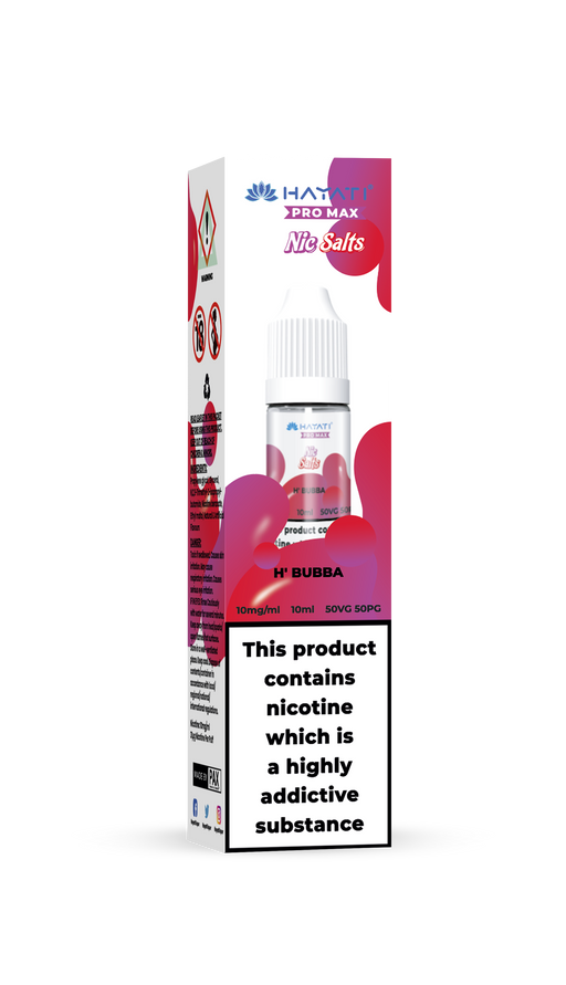 Hayati Vape juice packaging with brand logo and product details on a white background H'Bubba 10mg