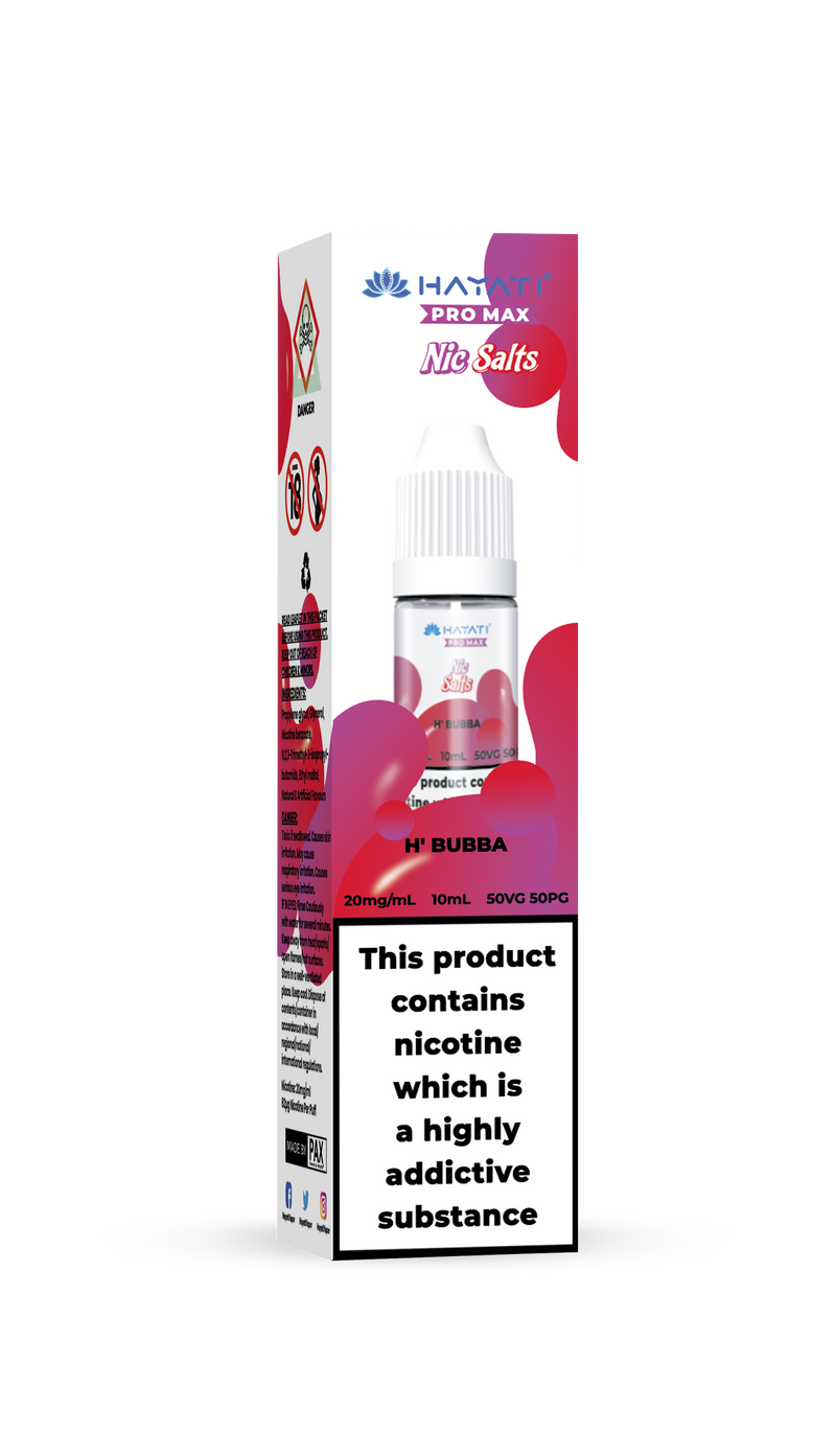 Hayati Vape juice packaging with brand logo and product details on a white background H'Bubba 20mg