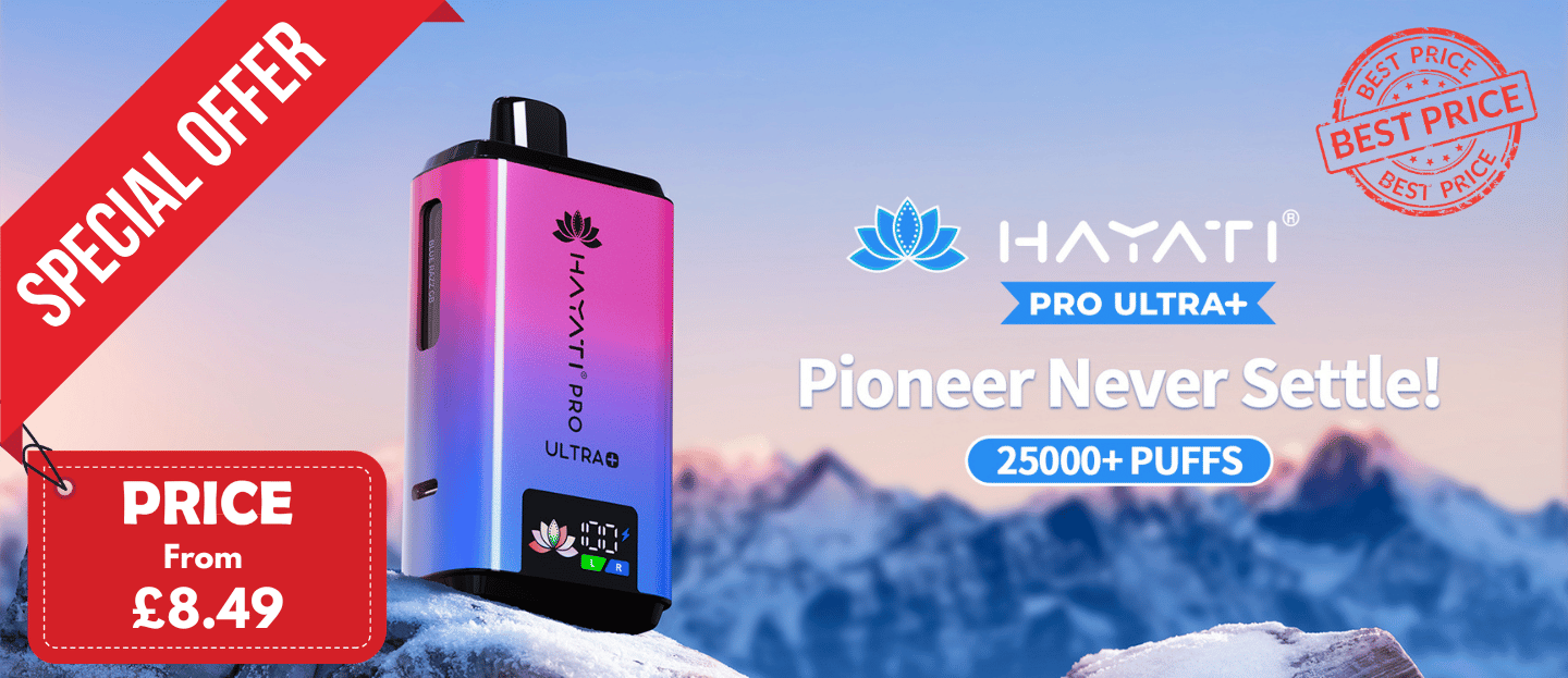 Hayati Pro Ultra+ vape device with promotional text on a mountainous background