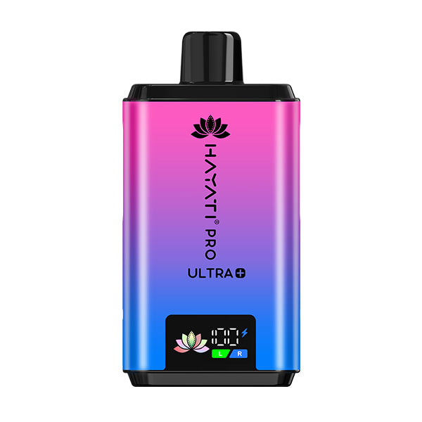 Blue Razz Flavour Gradient pink to blue electronic device with 'Hayati Pro Ultra' branding on a white background