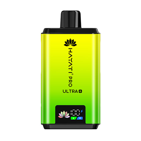 Lemon and Lime Flavour Hayati Pro Ultra 25k Vape Green electronic device with brand logo on a white background