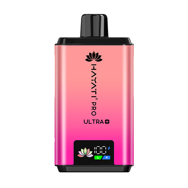 Strawberry Cranberry and Cherry Ice flavour Pink and black electronic device with 'Hayati Pro Ultra' branding on a white background