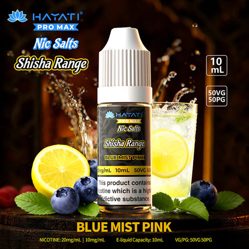 Hayati Nic Salts Shisha Range Blue Mist Pink e-liquid bottle with lemon, blueberry, and cocktail in the background
