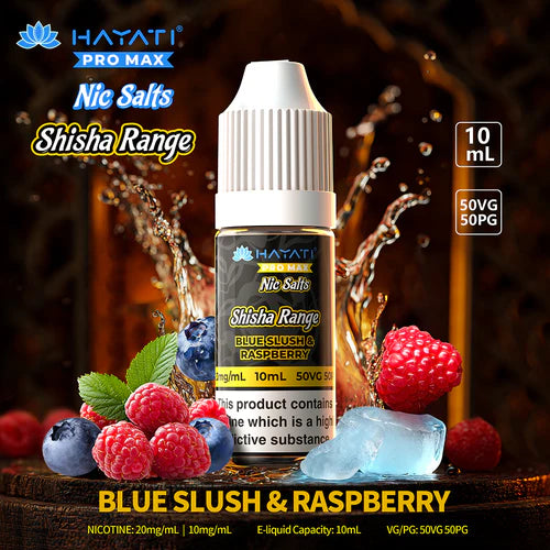 Vape juice bottle with berries and ice on a dark background, featuring Hayati Pro Max branding.