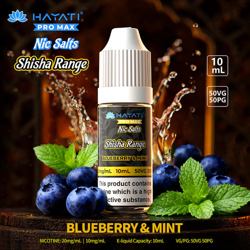 Vape juice bottle with blueberries and mint leaves on a dark background