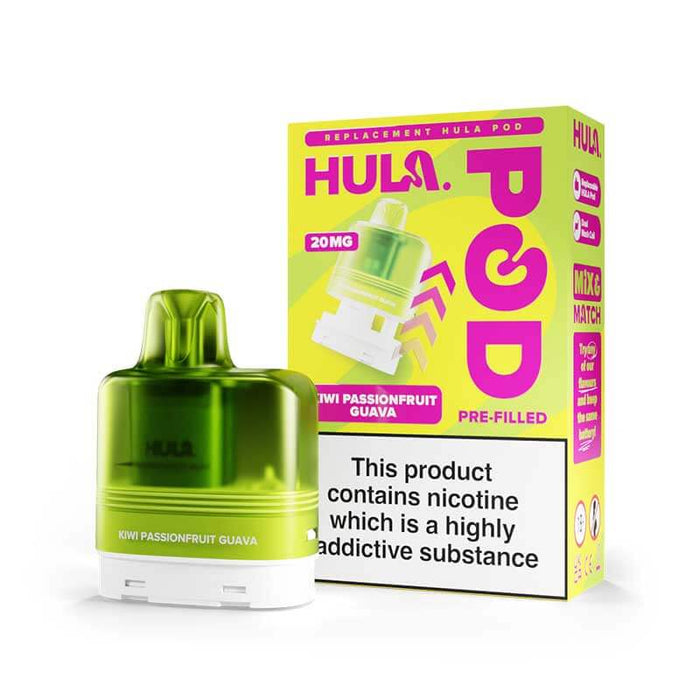 Hula pod replacement vape device and packaging on a white background kiwi passionfruit guava