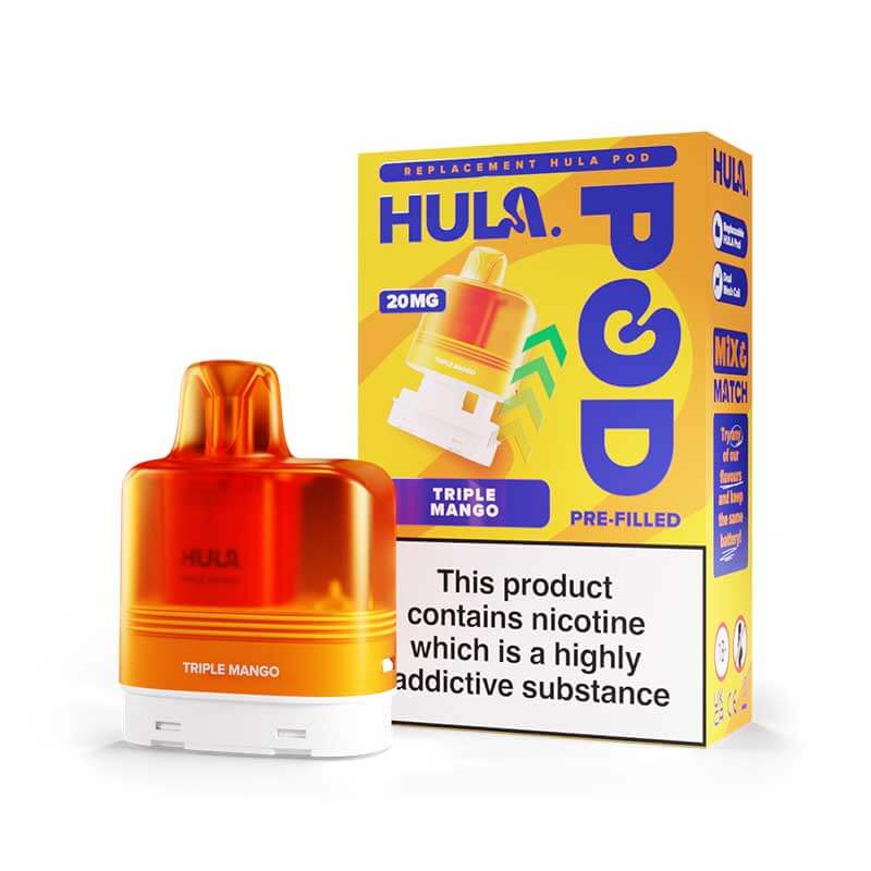 Hula Triple Mango replacement pod for a vape device with packaging on a white background