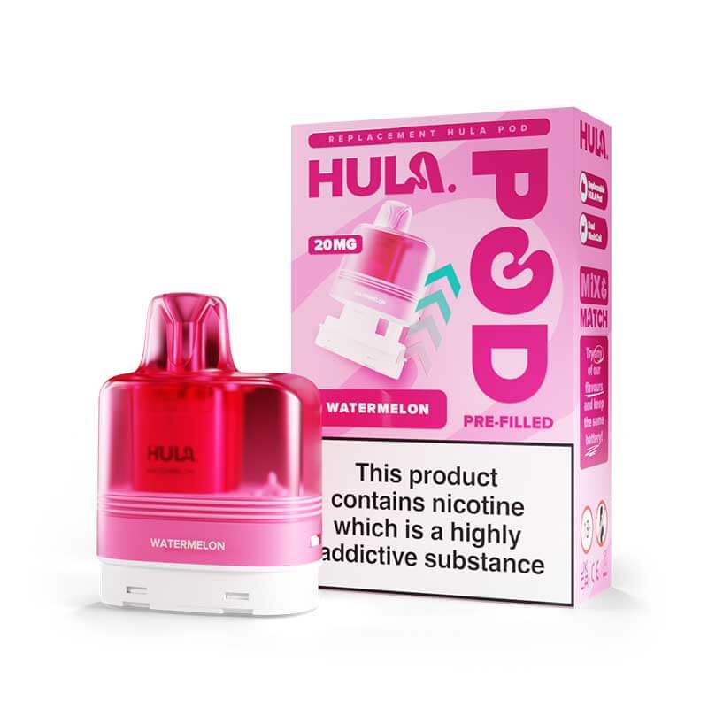 Hula watermelon-flavored vape pod with packaging on a white background