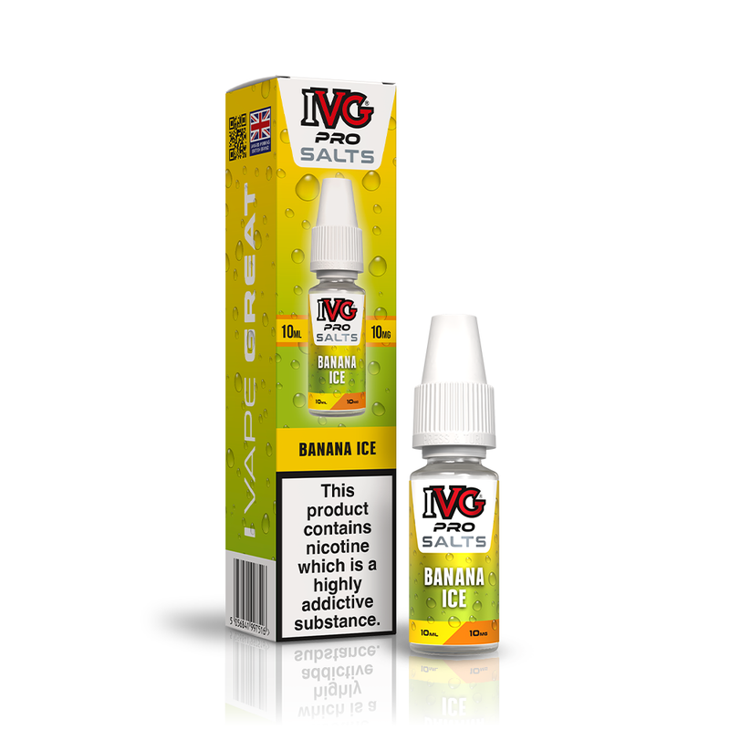 A 10ml bottle of IVG Pro Salts Banana Ice e-liquid next to its retail packaging box, both featuring a yellow and green design with a prominent nicotine warning label.