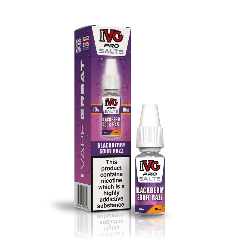 A 10ml bottle of IVG Pro Salts Blackberry Sour Razz 10mg  e-liquid next to its retail packaging box, both featuring a purple design with a prominent nicotine warning label.
