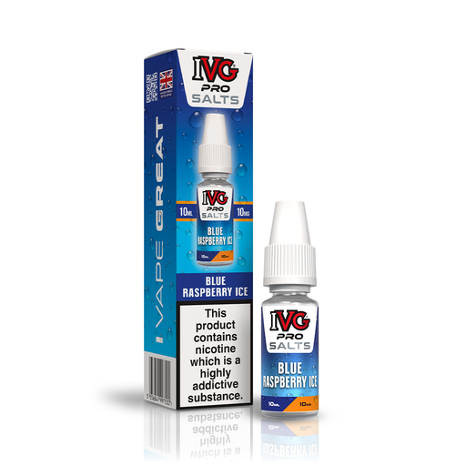 A 10ml bottle of IVG Pro Salts Blue Raspberry Ice 10mg e-liquid next to its retail packaging box, both featuring a blue design with a prominent nicotine warning label.
