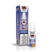A 10ml bottle of IVG Pro Salts Blue Razz GB 10mg  e-liquid next to its retail packaging box, both featuring a blue design with a prominent nicotine warning label.