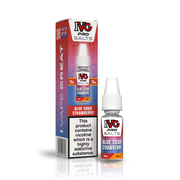 A 10ml bottle of IVG Pro Salts Blue Sour Strawberry 10mg  e-liquid next to its retail packaging box, both featuring a red and blue design with a prominent nicotine warning label.