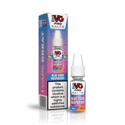 A 10ml bottle of IVG Pro Salts Blue Sour Raspberry 10mg  e-liquid next to its retail packaging box, both featuring a purple and blue design with a prominent nicotine warning label.