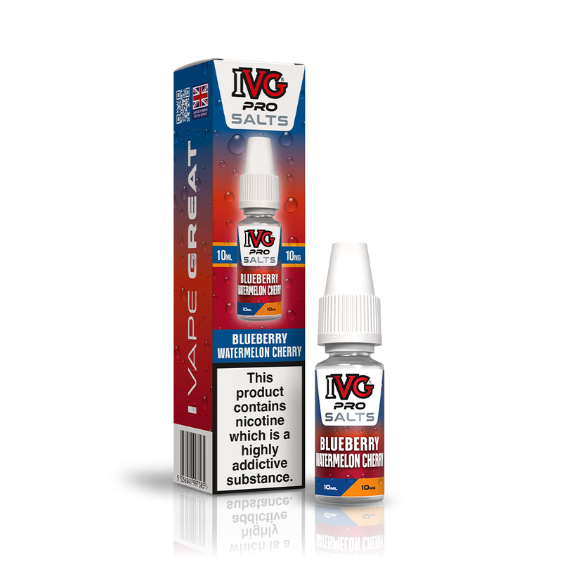 A 10ml bottle of IVG Pro Salts Blueberry Watermelon Cherry 10mg  e-liquid next to its retail packaging box, both featuring a red and blue design with a prominent nicotine warning label.