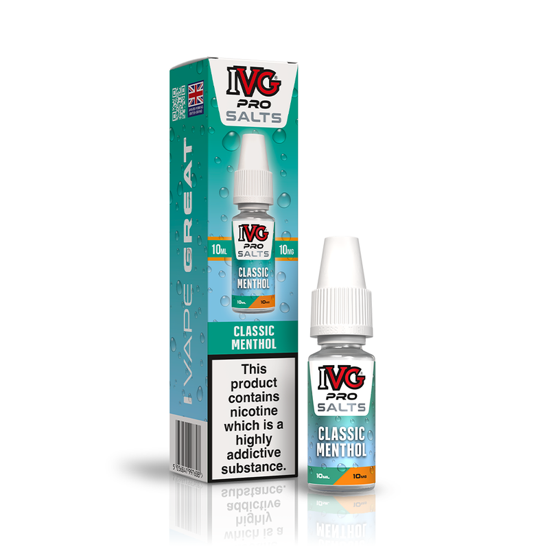A 10ml bottle of IVG Pro Salts Classic Menthol 10mg  e-liquid next to its retail packaging box, both featuring a green design with a prominent nicotine warning label.