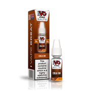 A 10ml bottle of IVG Pro Salts Cola GB 10mg  e-liquid next to its retail packaging box, both featuring a red design with a prominent nicotine warning label.