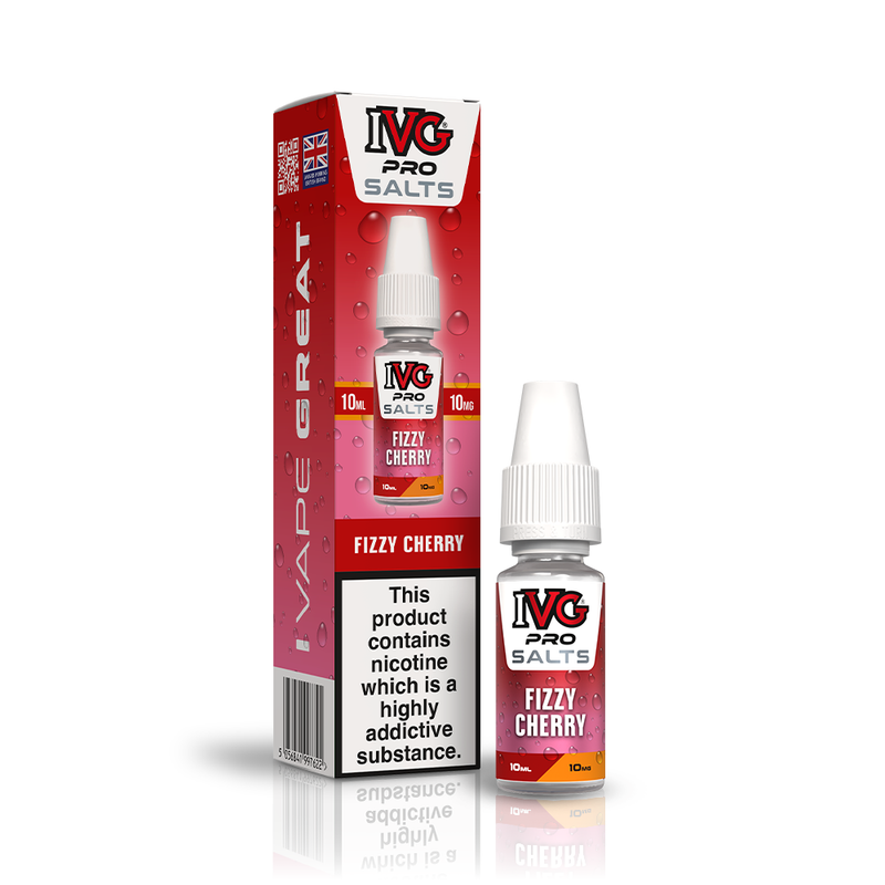 A 10ml bottle of IVG Pro Salts Fizzy Cherry 10mg  e-liquid next to its retail packaging box, both featuring a red design with a prominent nicotine warning label.