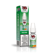 A 10ml bottle of IVG Pro Salts Fresh Mint 10mg  e-liquid next to its retail packaging box, both featuring a green design with a prominent nicotine warning label.