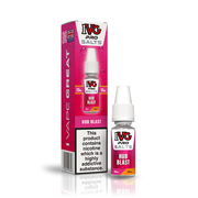 A 10ml bottle of IVG Pro Salts Hub Blast 10mg  e-liquid next to its retail packaging box, both featuring a red design with a prominent nicotine warning label.