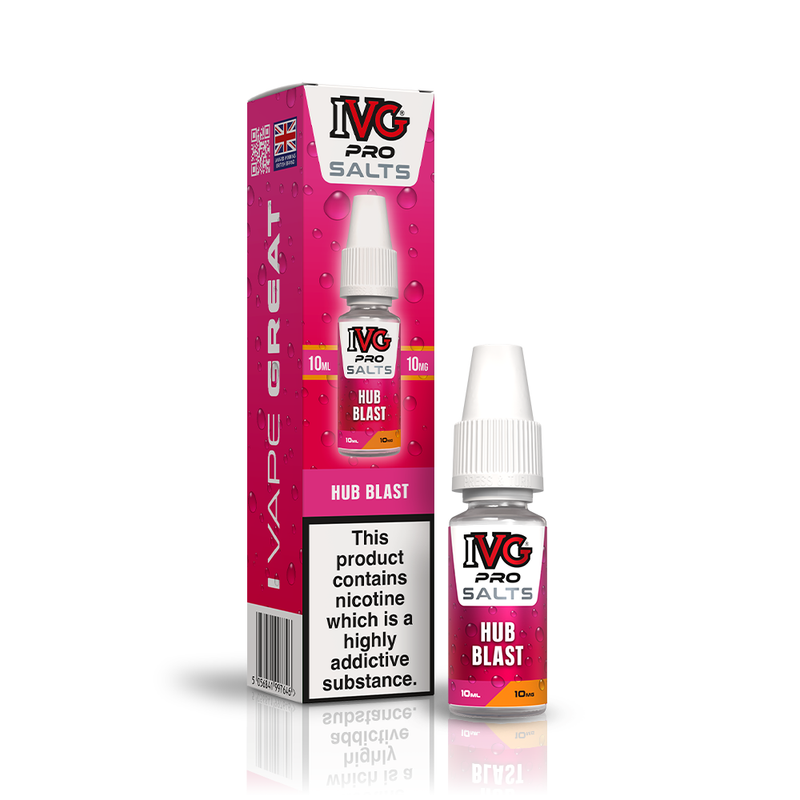A 10ml bottle of IVG Pro Salts Hub Blast 10mg  e-liquid next to its retail packaging box, both featuring a red design with a prominent nicotine warning label.