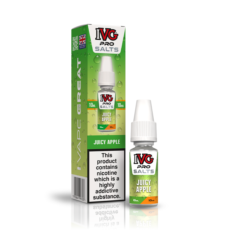 A 10ml bottle of IVG Pro Salts Juicy Apple 10mg  e-liquid next to its retail packaging box, both featuring a green design with a prominent nicotine warning label.