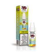 A 10ml bottle of IVG Pro Salts Lemon Fizz 10mg  e-liquid next to its retail packaging box, both featuring a green and yellow design with a prominent nicotine warning label.