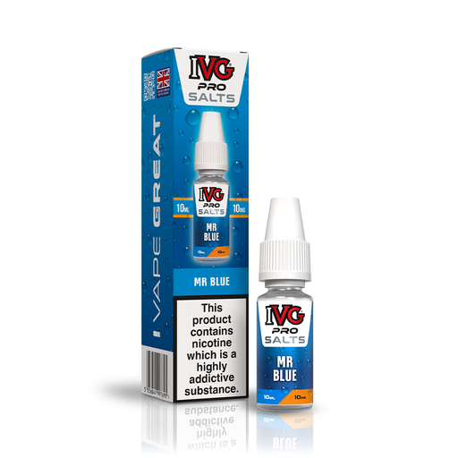 A 10ml bottle of IVG Pro Salts Mr Blue 10mg  e-liquid next to its retail packaging box, both featuring a blue design with a prominent nicotine warning label.