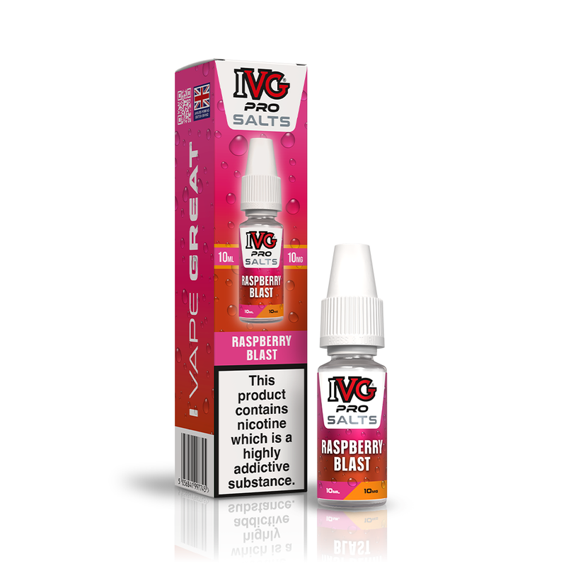 A 10ml bottle of IVG Pro Salts Raspberry Blast 10mg  e-liquid next to its retail packaging box, both featuring a pink and red design with a prominent nicotine warning label.