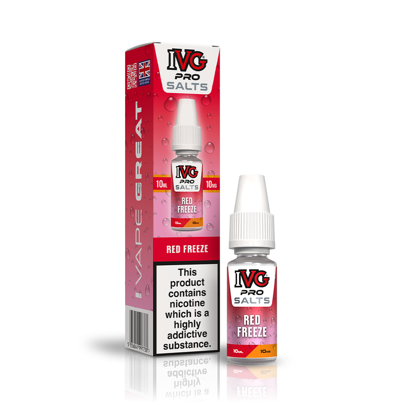 A 10ml bottle of IVG Pro Salts Red Freeze 10mg  e-liquid next to its retail packaging box, both featuring a red and pink design with a prominent nicotine warning label.