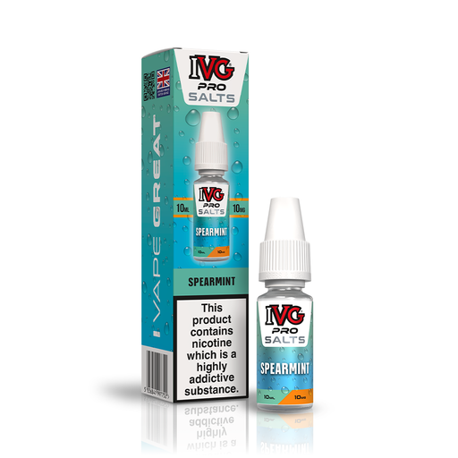 A 10ml bottle of IVG Pro Salts Spearmint 10mg  e-liquid next to its retail packaging box, both featuring a blue design with a prominent nicotine warning label.