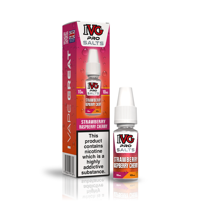 A 10ml bottle of IVG Pro Salts Strawberry Raspberry Cherry 10mg  e-liquid next to its retail packaging box, both featuring a red design with a prominent nicotine warning label.