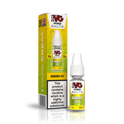 A 10ml bottle of IVG Pro Salts Banana Ice 20mg e-liquid next to its retail packaging box, both featuring a yellow and green design with a prominent nicotine warning label.