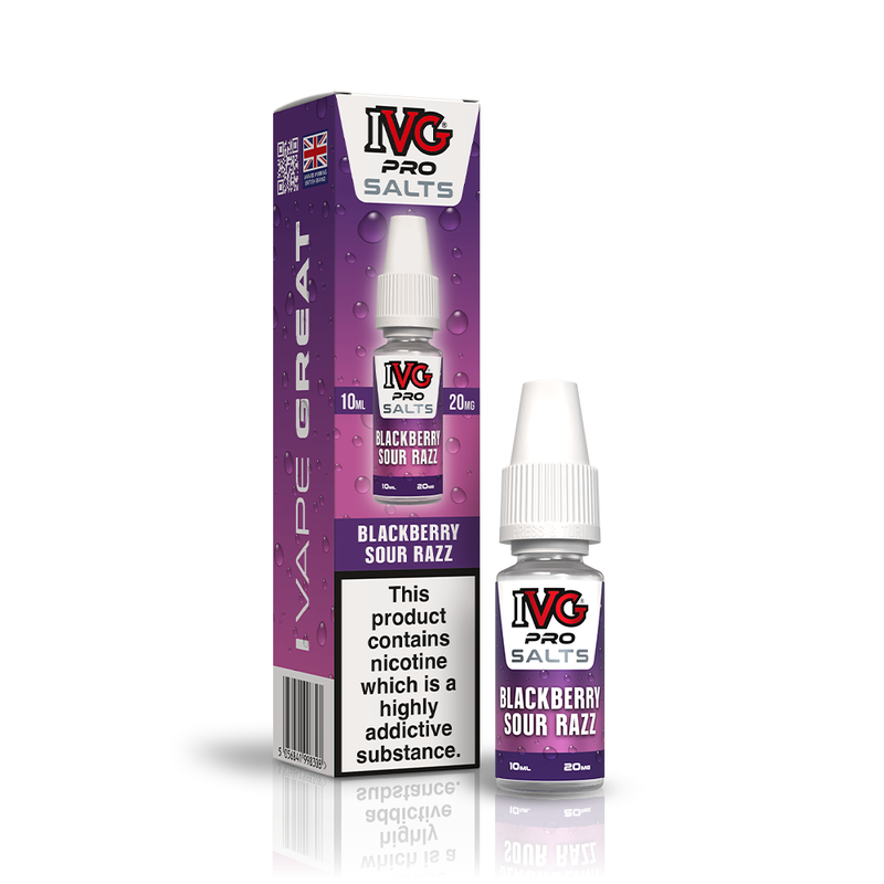 A 10ml bottle of IVG Pro Salts Blackberry Sour Razz 20mg  e-liquid next to its retail packaging box, both featuring a purple  design with a prominent nicotine warning label.