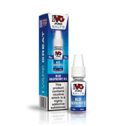 A 10ml bottle of IVG Pro Salts Blue Raspberry Ice 20mg e-liquid next to its retail packaging box, both featuring a blue design with a prominent nicotine warning label.