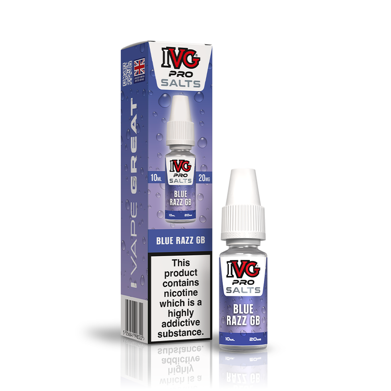 A 10ml bottle of IVG Pro Salts Blue Razz GB 20mg  e-liquid next to its retail packaging box, both featuring a blue design with a prominent nicotine warning label.