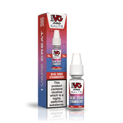 A 10ml bottle of IVG Pro Salts Blue Sour Strawberry 20mg  e-liquid next to its retail packaging box, both featuring a red and blue design with a prominent nicotine warning label.