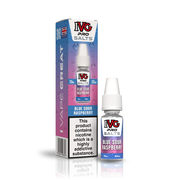 A 10ml bottle of IVG Pro Salts Blue Sour Raspberry 20mg  e-liquid next to its retail packaging box, both featuring a purple and blue design with a prominent nicotine warning label.