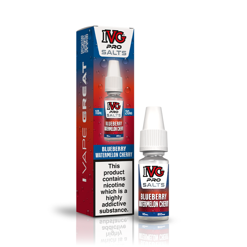 A 10ml bottle of IVG Pro Salts Blueberry Watermelon Cherry 20mg  e-liquid next to its retail packaging box, both featuring a red and blue design with a prominent nicotine warning label.