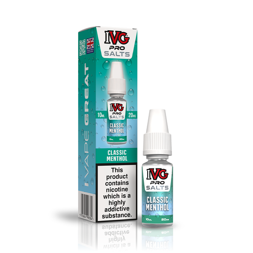 A 10ml bottle of IVG Pro Salts Classic Menthol 20mg  e-liquid next to its retail packaging box, both featuring a green design with a prominent nicotine warning label.
