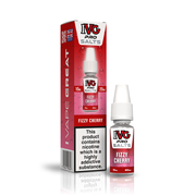 A 10ml bottle of IVG Pro Salts Fizzy Cherry 20mg  e-liquid next to its retail packaging box, both featuring a red design with a prominent nicotine warning label.