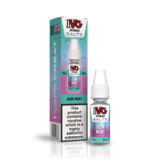 A 10ml bottle of IVG Pro Salts Gum Mint 20mg  e-liquid next to its retail packaging box, both featuring a blue and purple design with a prominent nicotine warning label.