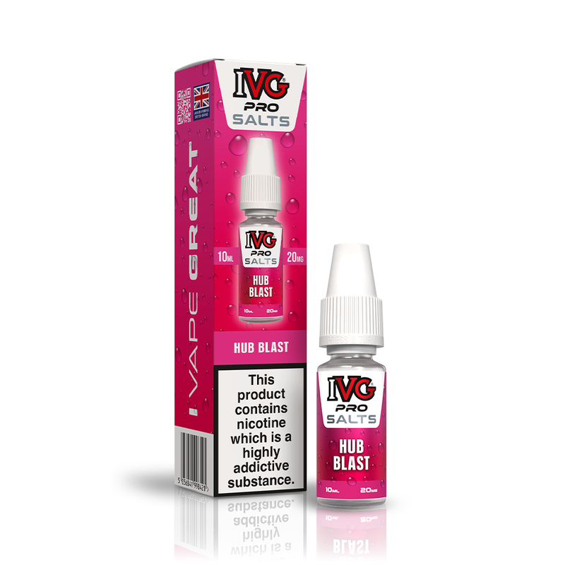 A 10ml bottle of IVG Pro Salts Hub Blast 20mg  e-liquid next to its retail packaging box, both featuring a red design with a prominent nicotine warning label.