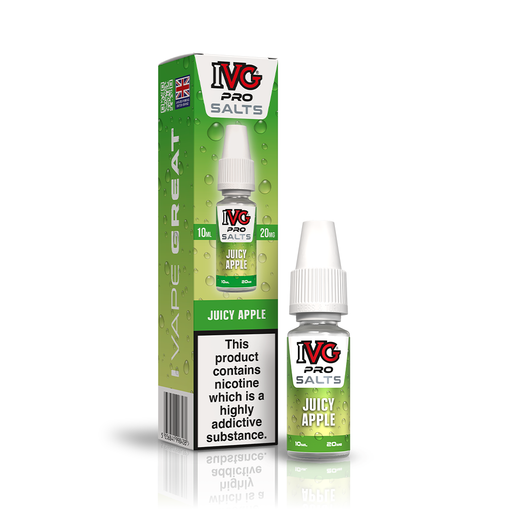 A 10ml bottle of IVG Pro Salts Juicy Apple 20mg  e-liquid next to its retail packaging box, both featuring a green design with a prominent nicotine warning label.