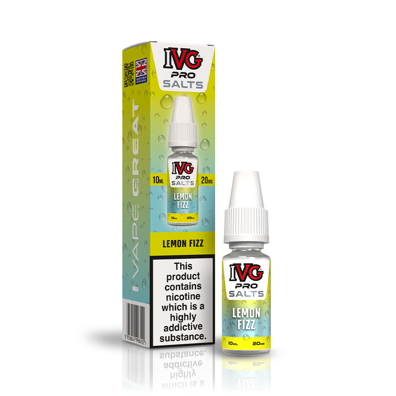 A 10ml bottle of IVG Pro Salts Lemon Fizz 20mg  e-liquid next to its retail packaging box, both featuring a green and yellow design with a prominent nicotine warning label.